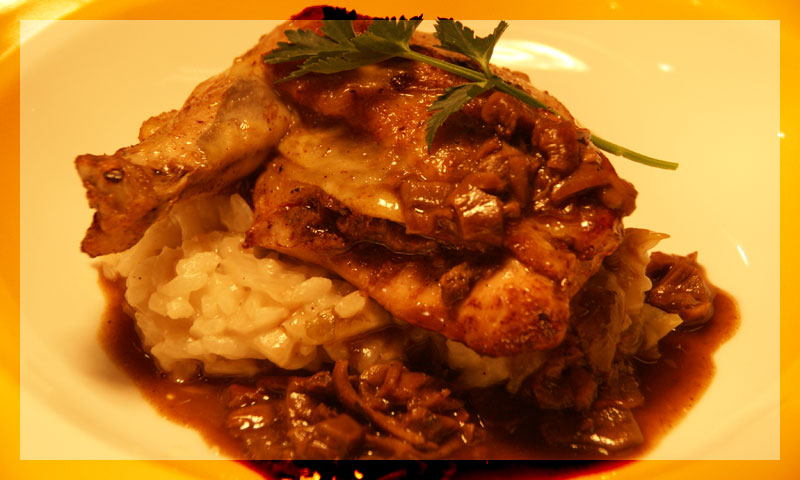 Thumbnail for Parelhoender en eend met risotto, witlof en parmezaan, jus van cepes